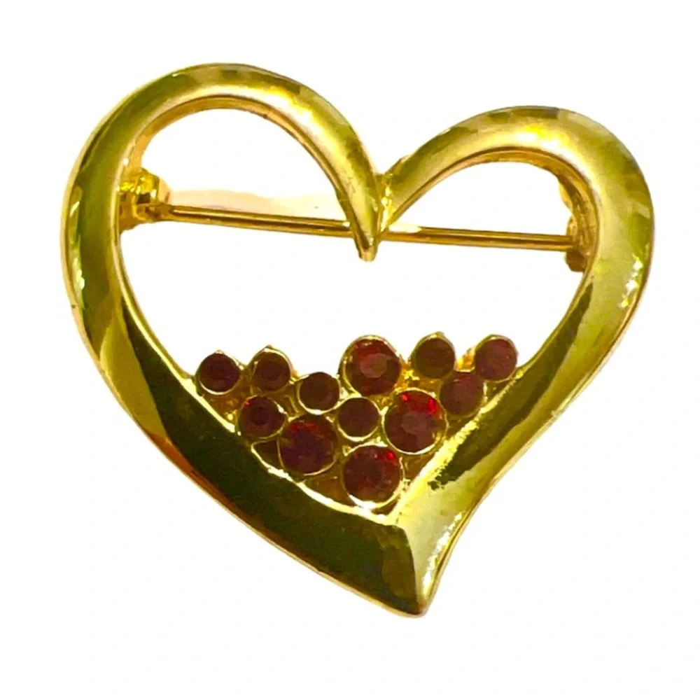 1980’s Vintage Gold Heart Brooch with Red Faux‎ Ruby Stones, 1.25”, Valentines
